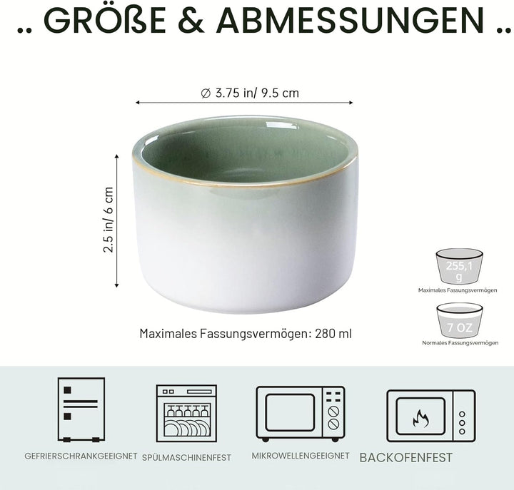 6er Soufflé Förmchen, Mini Souffléförmchen Auflaufformen, Porzellan Schälchen Grün für Fondants Muff