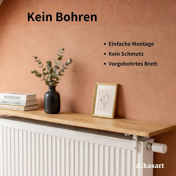 Heizungsregal Eiche Massiv – Ohne Bohren – Individuelle Länge 30-190 cm – Zum Aufstecken – Handgefer