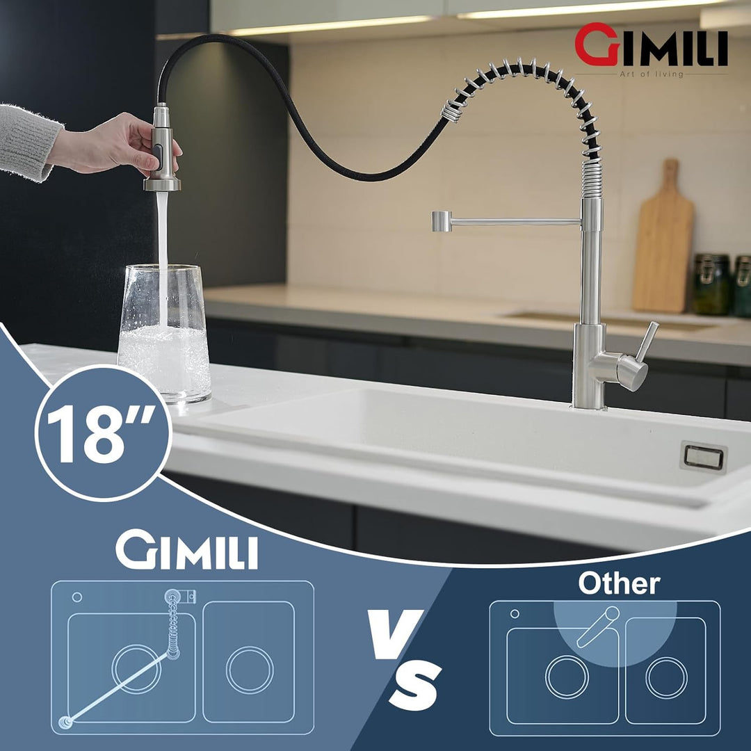 GIMILI Küchenarmatur mit Pull Down Sprayer High Arc Single Handle Spring Kitchen Sink Faucet Brushed