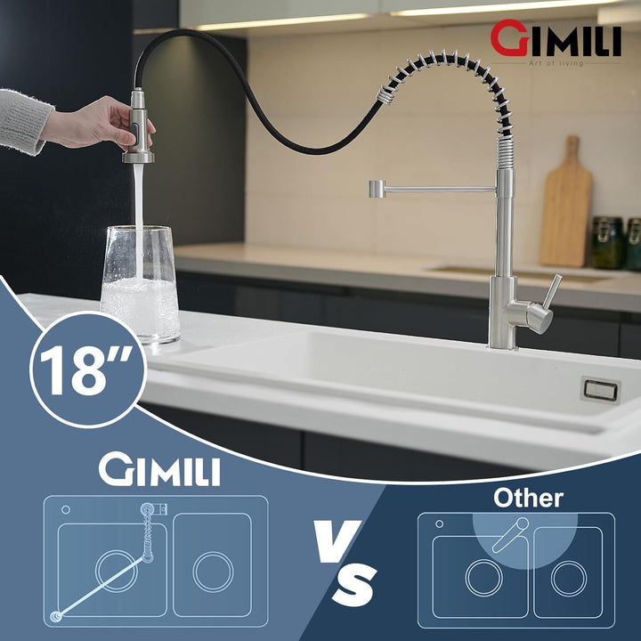 GIMILI Küchenarmatur mit Pull Down Sprayer High Arc Single Handle Spring Kitchen Sink Faucet Brushed