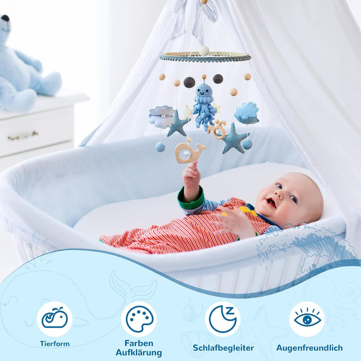 Oktopus Baby Mobile Babybett Hölz Windspiel, Oktopus Anhänger zum Häkeln, Meerestiere Bettglocke Bab