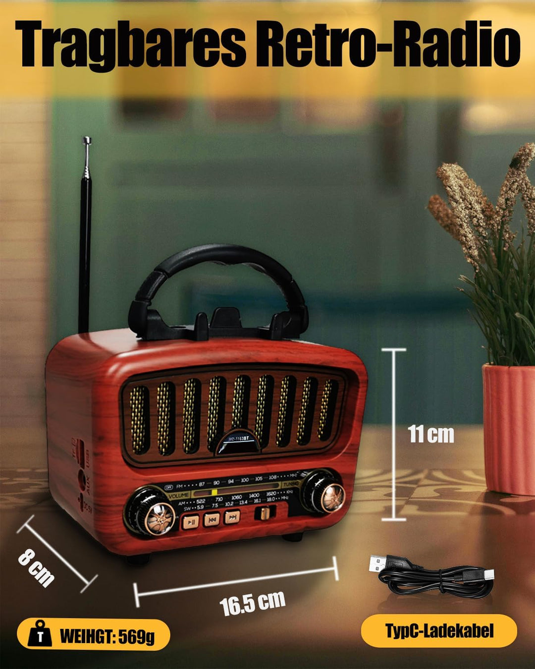 Retro Radio mit Bluetooth, AM/FM/SW Tragbares Radio Klein 5W grosser Lautsprecher und Bluetooth 5.0,