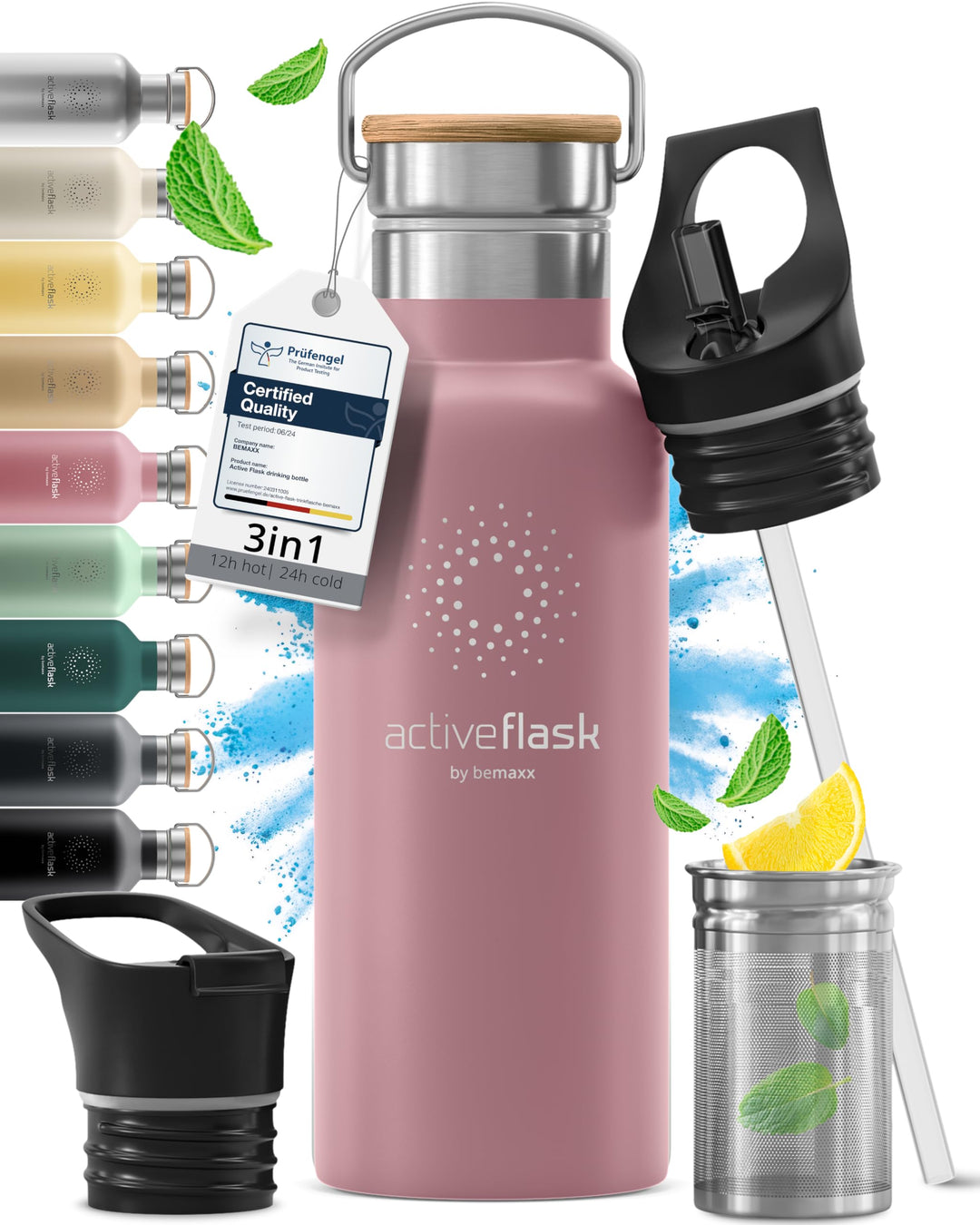 Trinkflasche Edelstahl mit Strohhalm, Infuser + 3 Deckel: BPA-frei, Auslaufsicher, Kohlensäure geeig