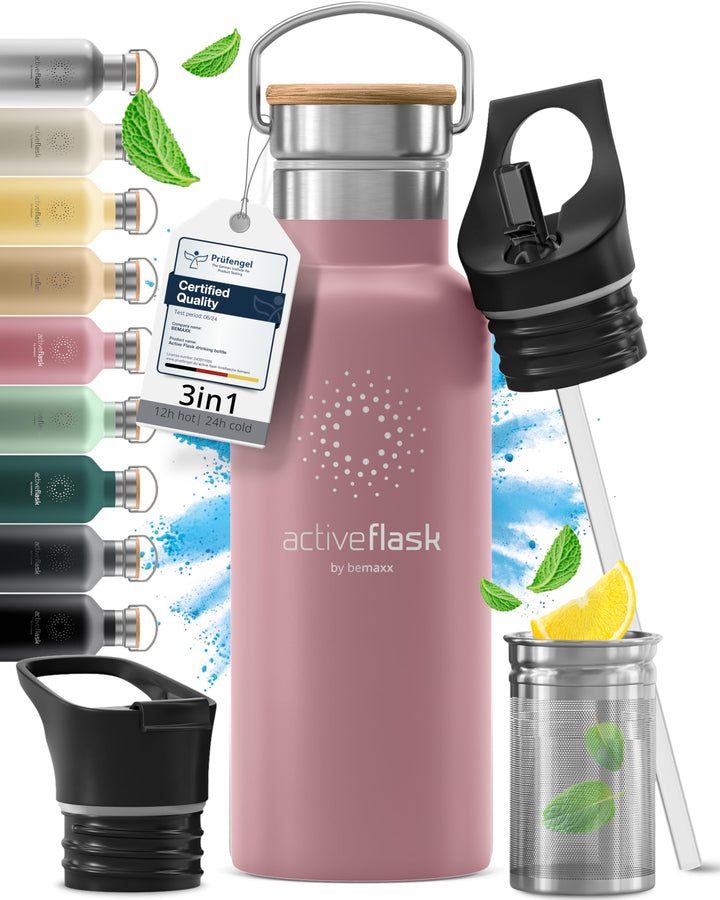 Trinkflasche Edelstahl mit Strohhalm, Infuser + 3 Deckel: BPA-frei, Auslaufsicher, Kohlensäure geeig