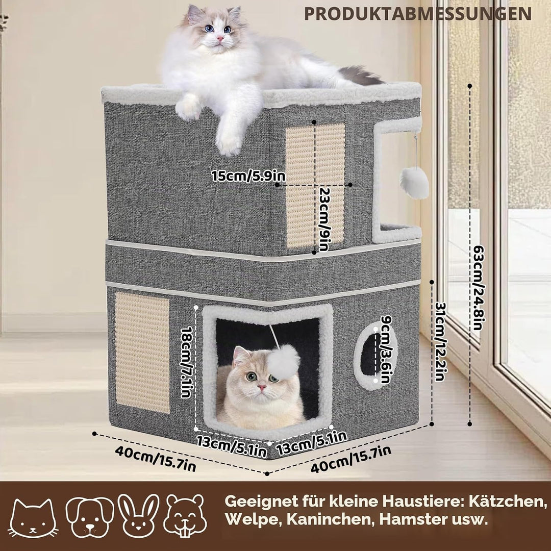 Katzenhaus Indoor, Katzenhöhle für Mehrere Katzen, Faltbarer Katzenhaus mit Kratzbrett, Spielball, D