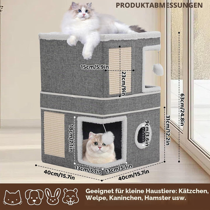 Katzenhaus Indoor, Katzenhöhle für Mehrere Katzen, Faltbarer Katzenhaus mit Kratzbrett, Spielball, D