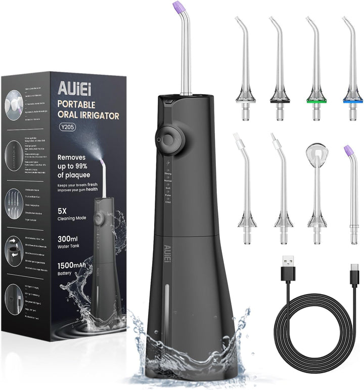 Munddusche, tragbar, Wasserfloss, Munddusche 5 Modi und 8 Düsen, Tank 300 ml, USB aufgeladen, wasser