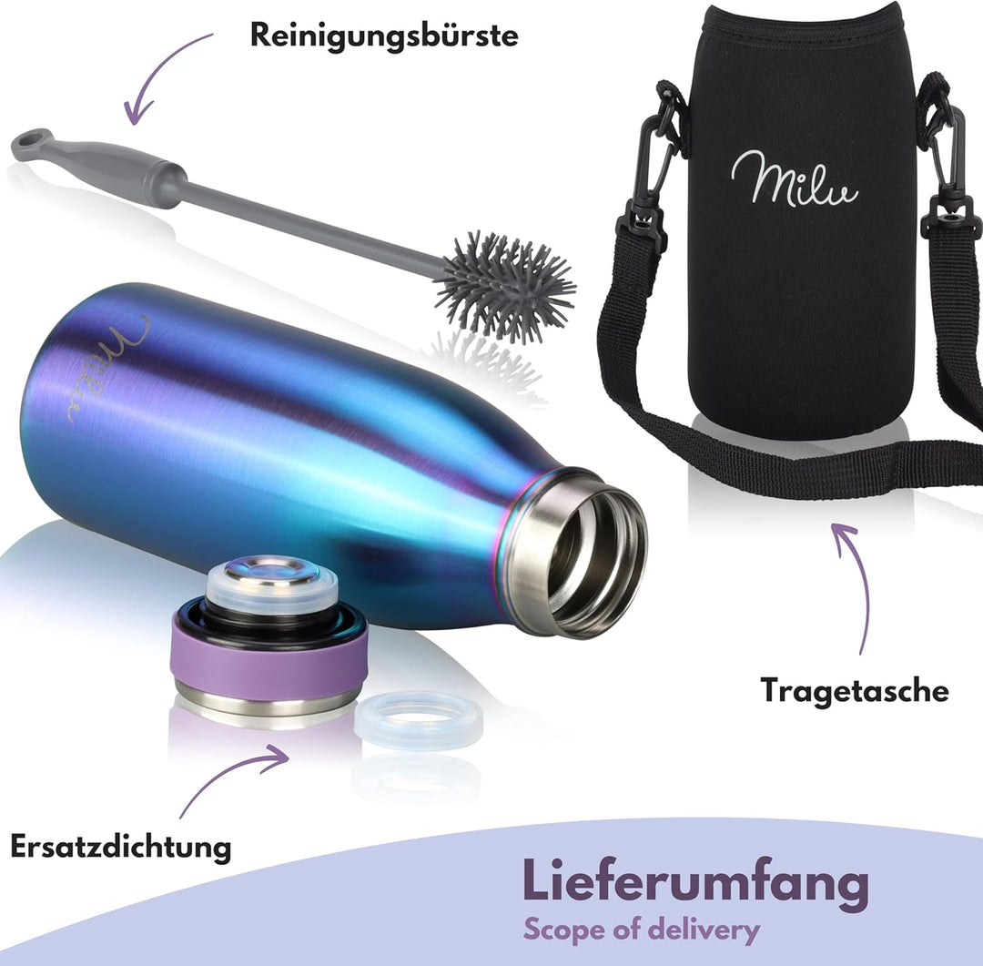 Milu Edelstahl Trinkflasche 350ml, 500ml, 750ml, 1L, 1,5L – Thermosflasche für Kinder Erwachsene aus
