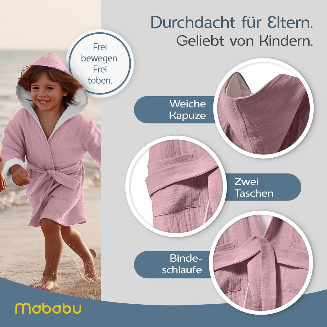 Mababu Bademantel Kinder mit Kapuze | 100% Bio-Baumwolle GOTS Zertifiziert | Premium Musselin Kinder