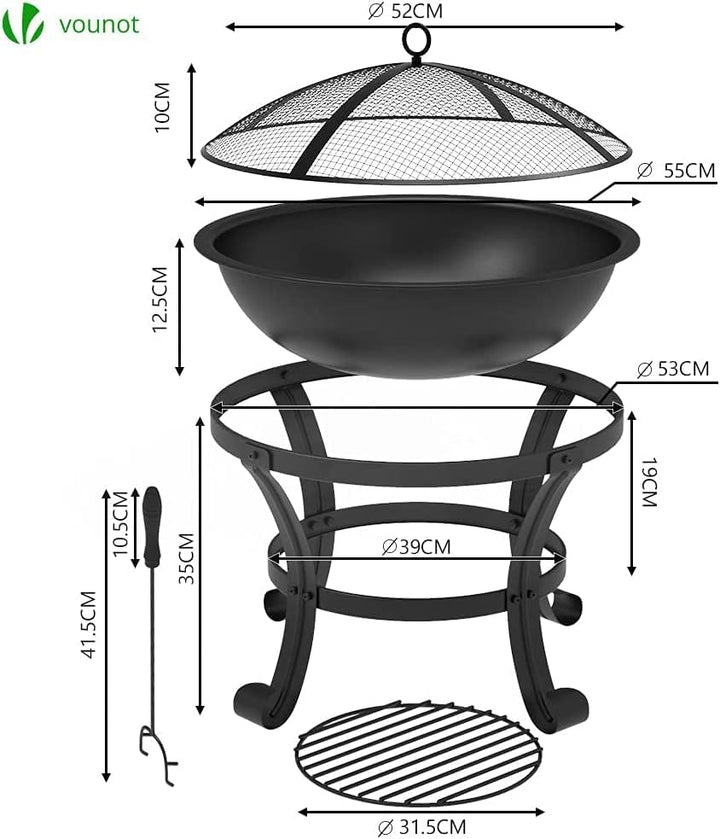 VOUNOT Feuerschale mit Funkenschutz, Feuerkorb Feuerstelle für Heizung, Garten, Camping, Terrasse, Ø