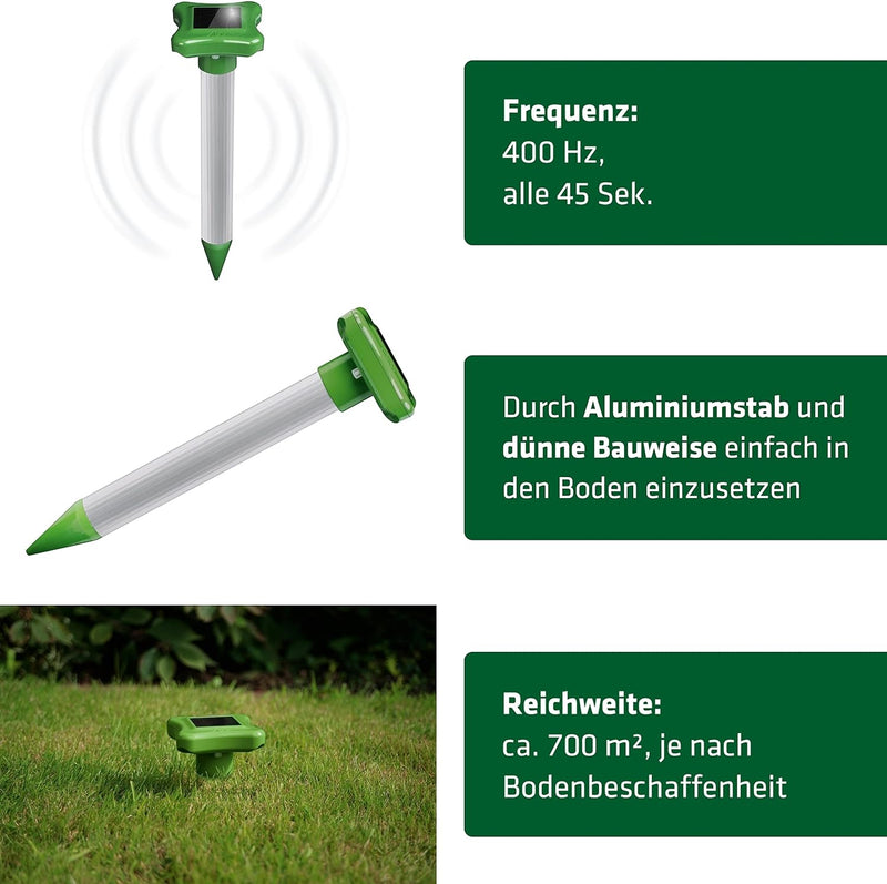 GARDIGO® Maulwurfvertreiber mit Solar und integriertem Akku 4er Set I Maulwurfschreck I Wühlmausvert