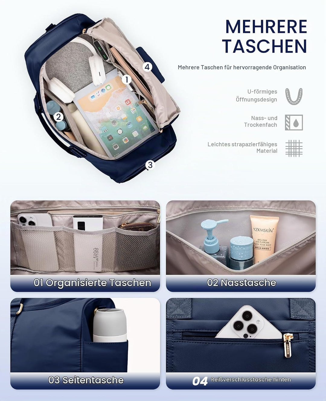 LOVEVOOK Sporttasche Reisetasche Gross, 50L Weekender Travel Duffel Bags mit Kulturtasche, Schuhfach
