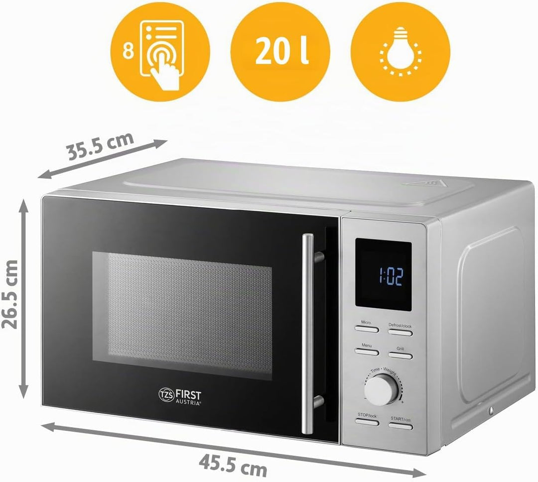 TZS First Austria 2-in-1 Mikrowelle mit Grill, 700W, 900W Grill, digital, 20L Kapazität, LED-Display