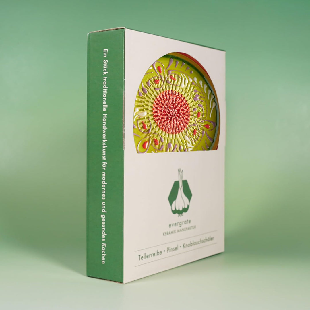 Evergrate® Keramikreibe Diego mit Geschenkbox – mit Reibe, Knoblauchschäler, Rezeptheft & Pinsel – H