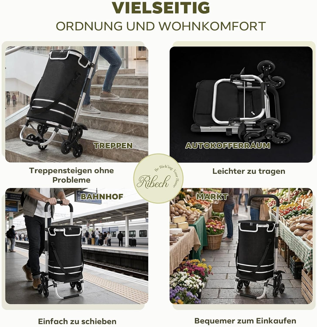 Treppensteiger Einkaufstrolley, 56L Faltbar, Wasserdicht, mit Kühlfach, Universalräder, 40kg Belastb