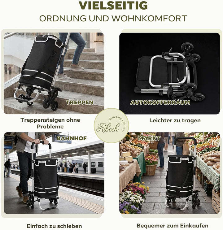 Treppensteiger Einkaufstrolley, 56L Faltbar, Wasserdicht, mit Kühlfach, Universalräder, 40kg Belastb