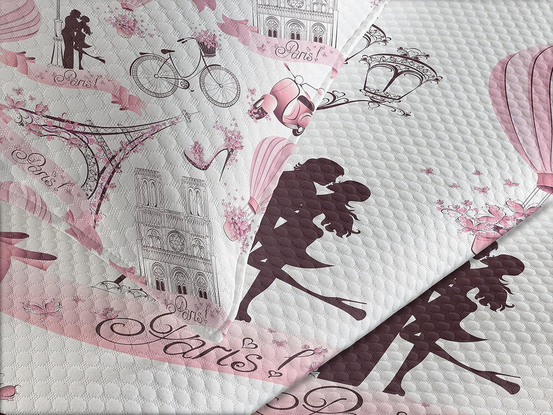 ABAKUHAUS Eiffelturm Tagesdecke Set, Paris Hochzeitsreise, Set mit Kissenbezügen Waschbar, für Doppe