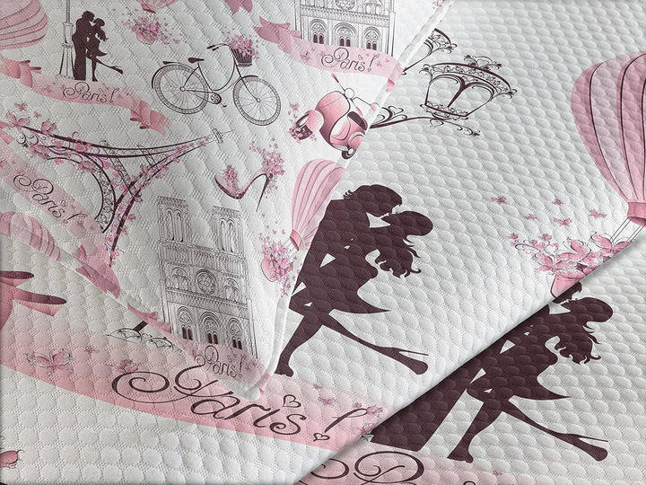 ABAKUHAUS Eiffelturm Tagesdecke Set, Paris Hochzeitsreise, Set mit Kissenbezügen Waschbar, für Doppe