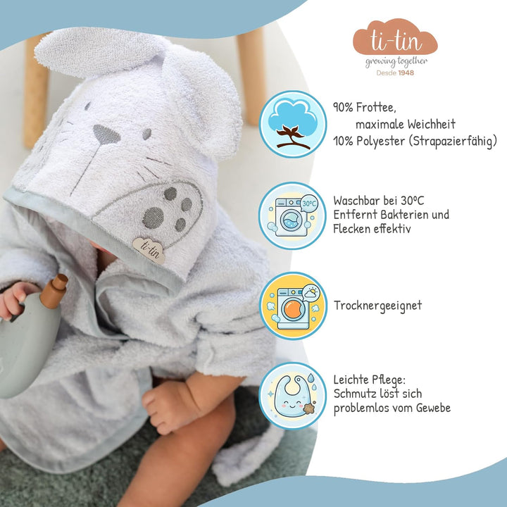 Ti TIN Kinder‑Bademantel mit Kapuze und Hasenohren – 100% Baumwolle, weich & saugfähi, Grösse 6–12 M