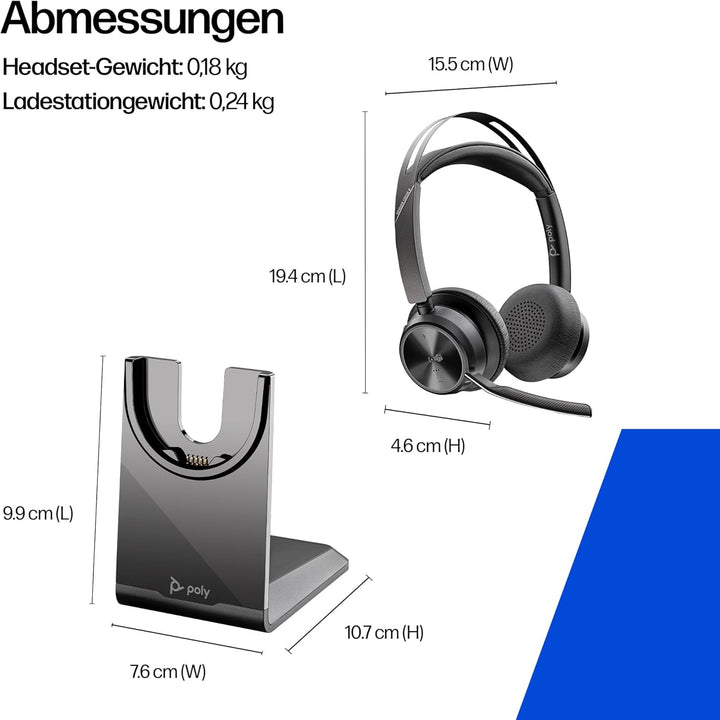 POLY Voyager Focus 2 USB-C Headset für Microsoft Teams, mit USB-C/A Adapter und Ladestation – Blueto