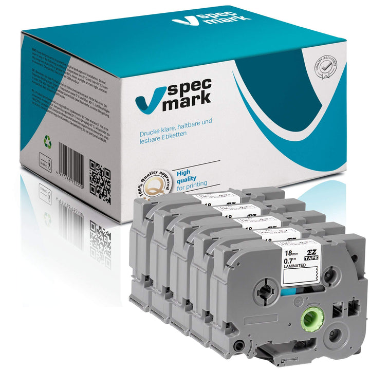 specmark Schriftband TZe-241 18mm x 8m Satz x 5 St. Schwarz auf Weiss Band kompatibel mit Drucker Br