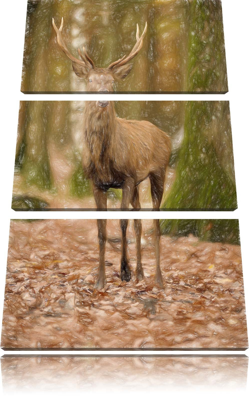 Pixxprint Schöner Hirsch im Wald Bunstift Effekt 3-Teiler Leinwandbild 120x80 Bild auf Leinwand