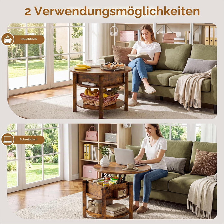 ELUCHANG Couchtisch Rund mit Hebeplatte, Couchtisch Höhenverstellbarer 2 in 1, Beistelltisch Wohnzim