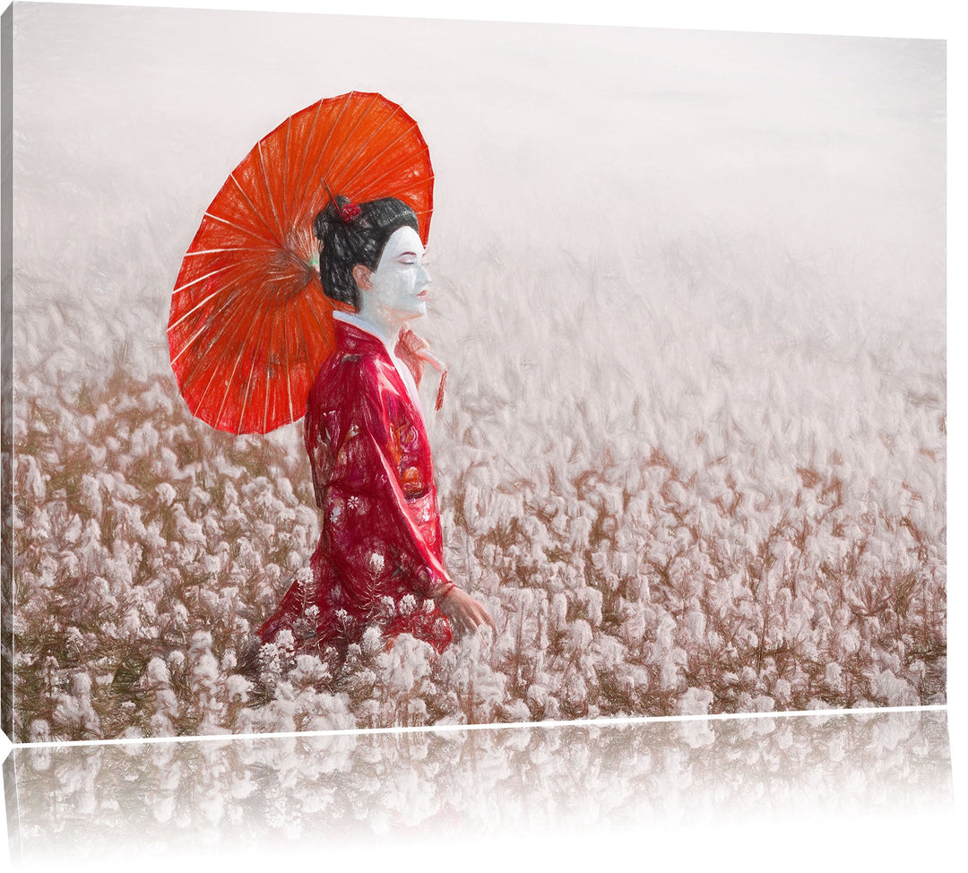 Pixxprint Geisha auf dem Feld als Leinwandbild/Grösse: 100x70 / Wandbild/Kunstdruck/fertig bespannt,