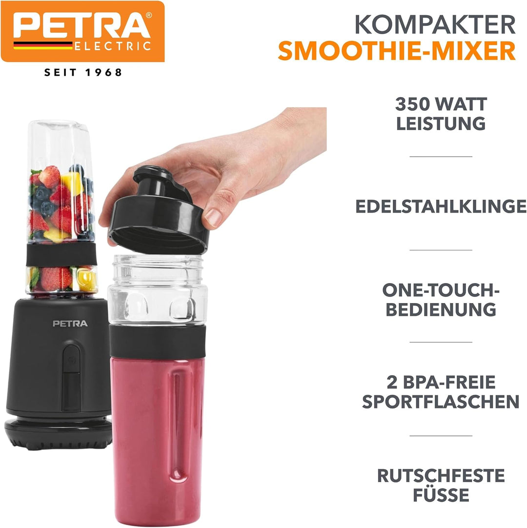 Petra Smoothie Maker To Go 350W, Standmixer mit 2 Sportflaschen (600ml), Mixer für Smoothies mit Ede