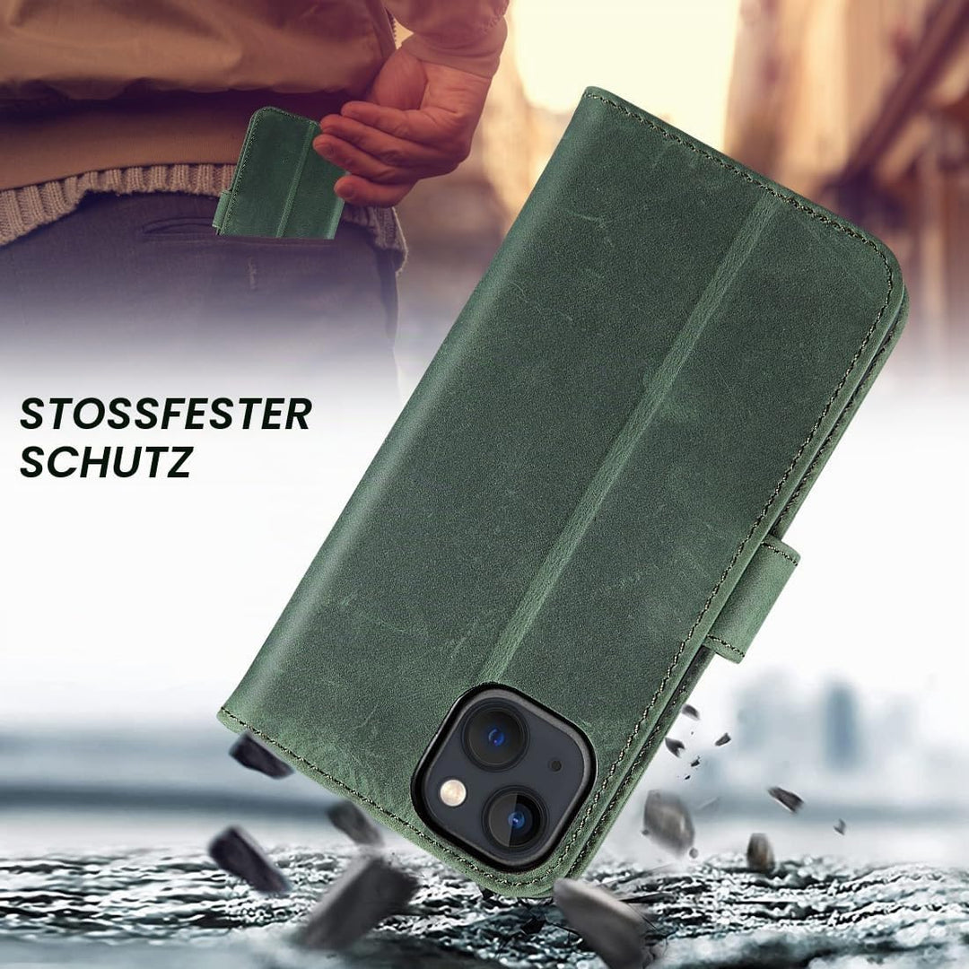 LENSUN Lederhülle für iPhone 13, Echtleder Handyhülle [Wallet Fach][RFID Schutz][Echtes Leder] Hülle