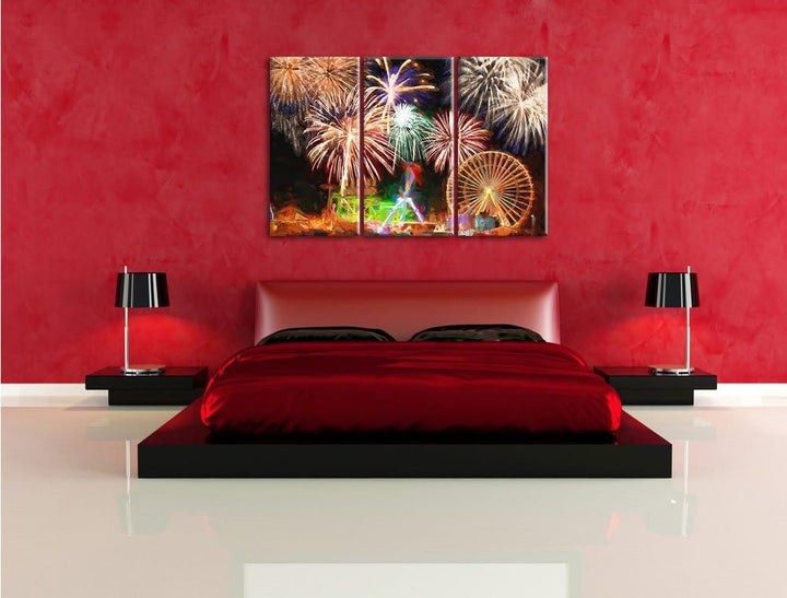 Pixxprint Riesenrad mit Feuerwerk als Leinwandbild/Grösse: 3 Teilig (120x80) cm/Wandbild/Kunstdruck/