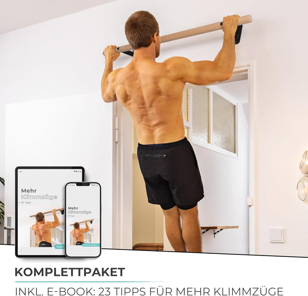 PULLUP & DIP Klimmzugstange Holz – Buchenholz Pull Up Bar zur Wandmontage über dem Türrahmen – 40 mm