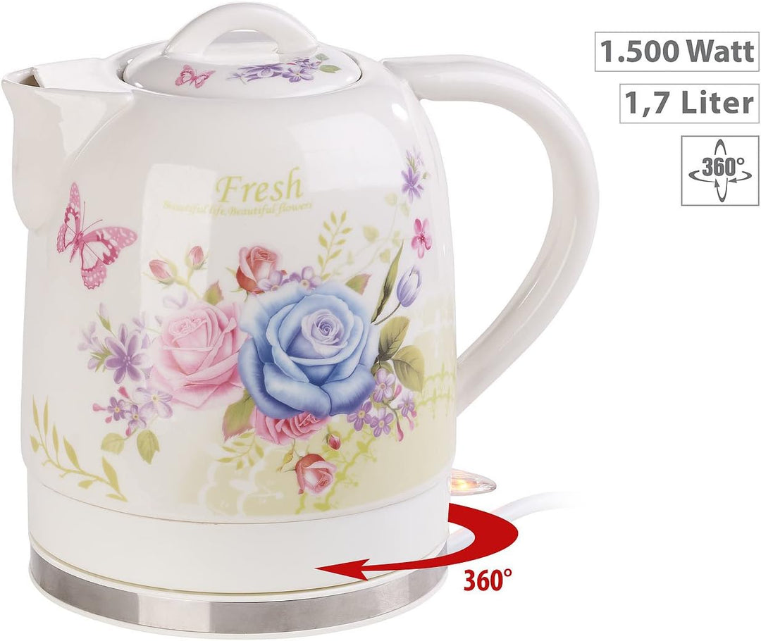 Rosenstein & Söhne Wasserkocher Blumen: Keramik-Wasserkocher mit Blumenmuster, 1,7 Liter, 1.500 Watt