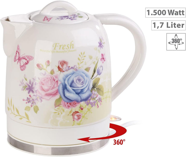 Rosenstein & Söhne Wasserkocher Blumen: Keramik-Wasserkocher mit Blumenmuster, 1,7 Liter, 1.500 Watt