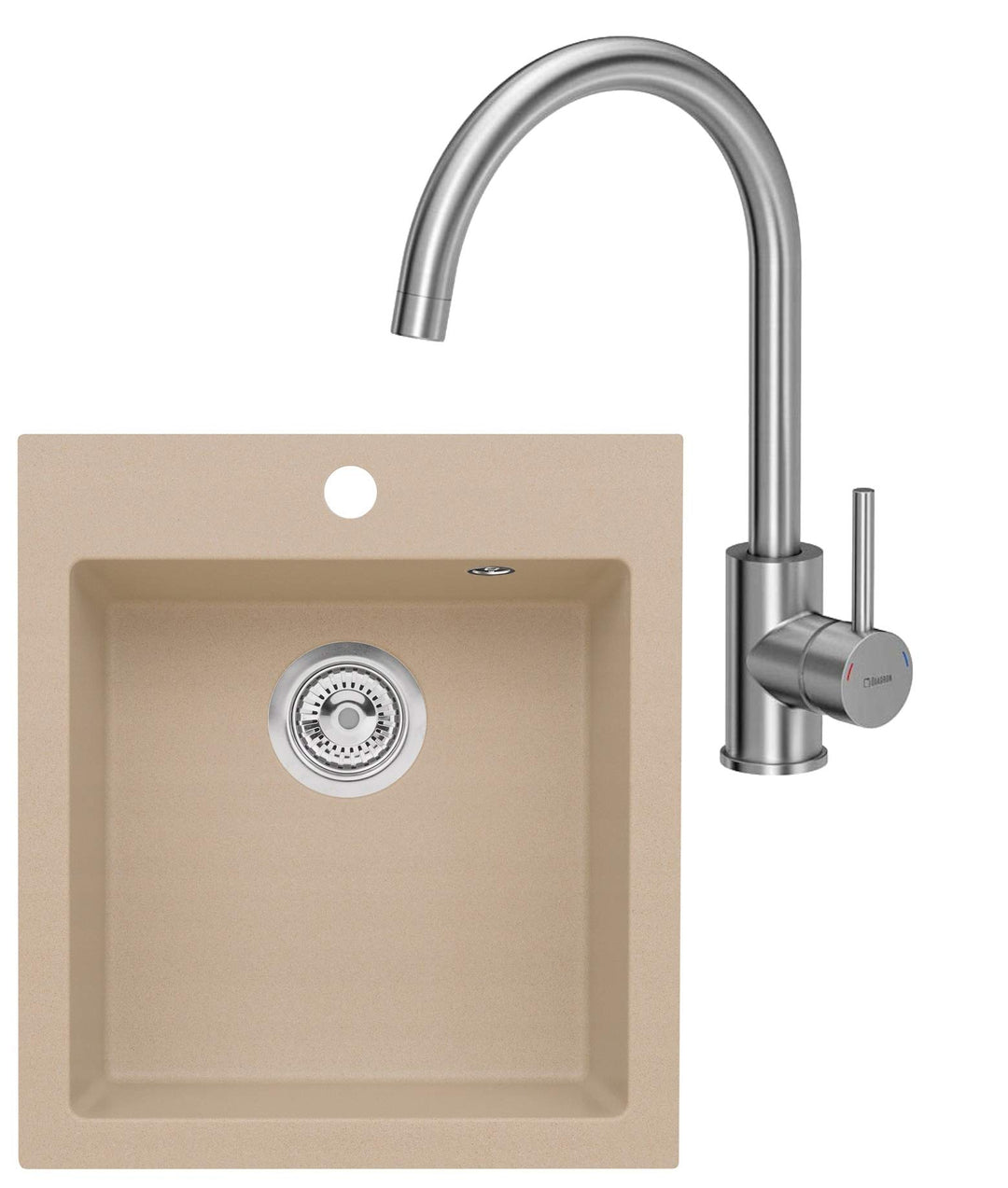 VBChome Spülbecken mit Armatur 45 x 50 cm Beige Einzelbecken Einbauspüle Spüle Küchenspüle Spültisch