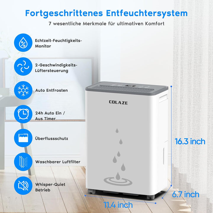 COLAZE Luftentfeuchter 20L/24h, Luftentfeuchter Elektrisch für Raumgrössen bis zu 150m³/50m², Entfeu