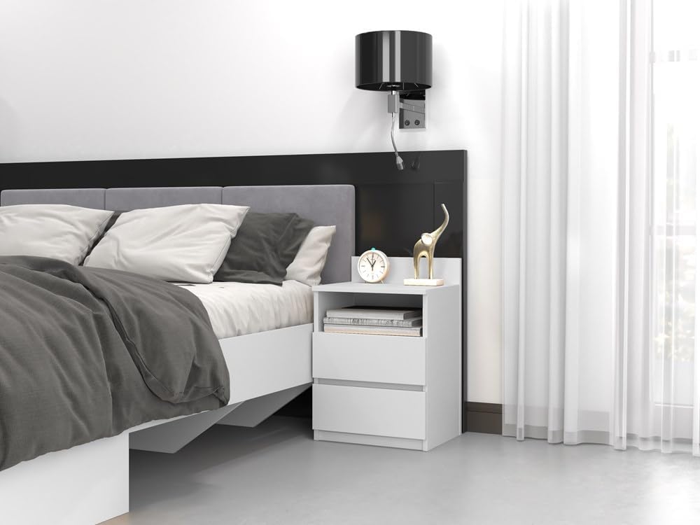 VBChome Nachttisch 40 x 32 x 59 cm Weiss Nachttisch mit 2 Schubladen und 1 Fächer für das Schlafzimm
