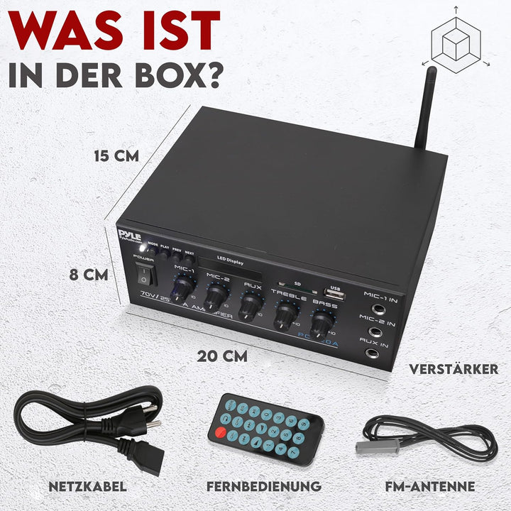Pyle PA- Verstärker, Bluetooth Amplififer- 70 V/25 V mit 2 Mic- Eingängen, AUX, USB, SD, MP3, LED- D