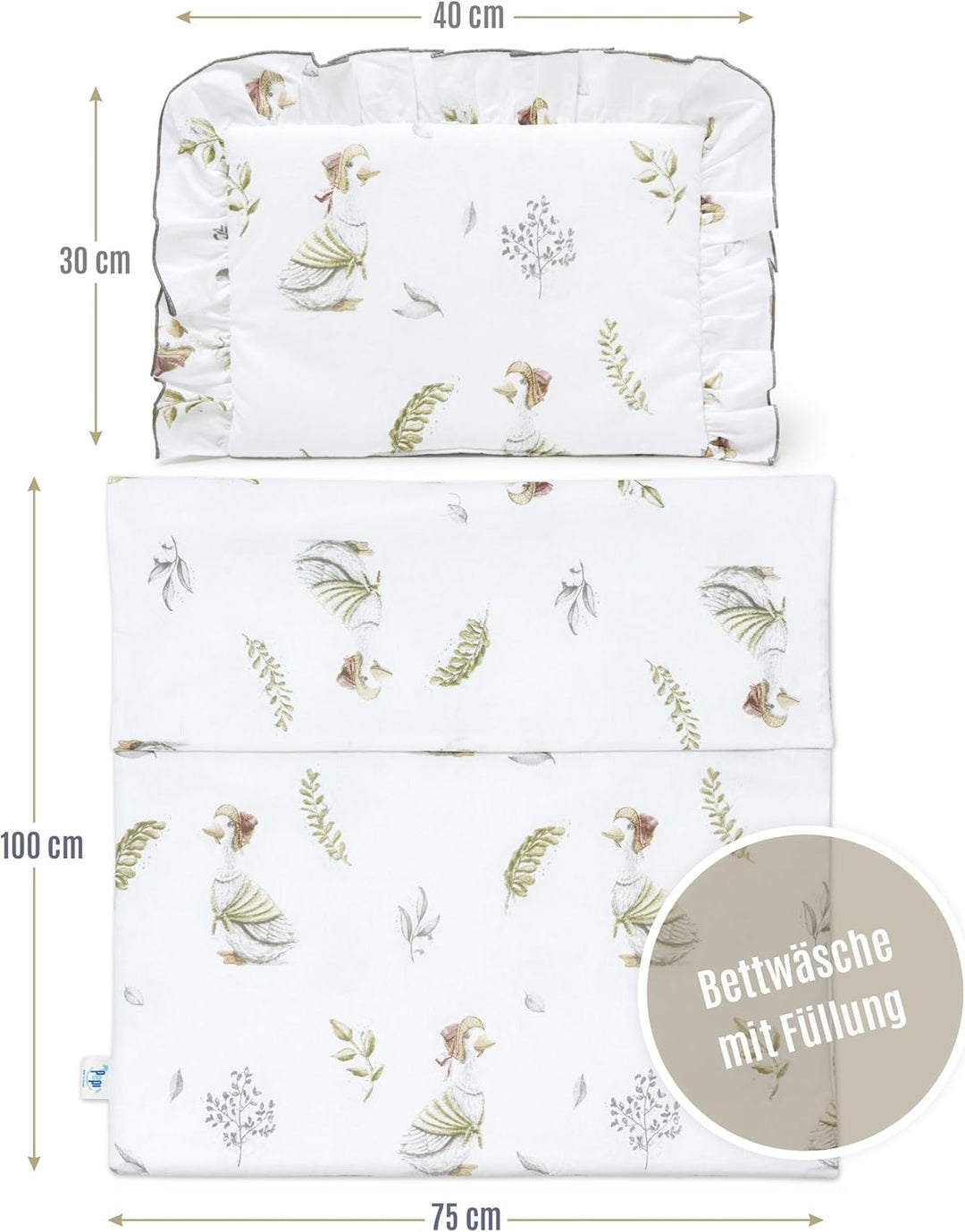 Pepi - Bettwäsche Weiss Rüschen - Kissen 30×40 und Bettdecke mit Füllung 75×100 - Musselin Bettwäsch