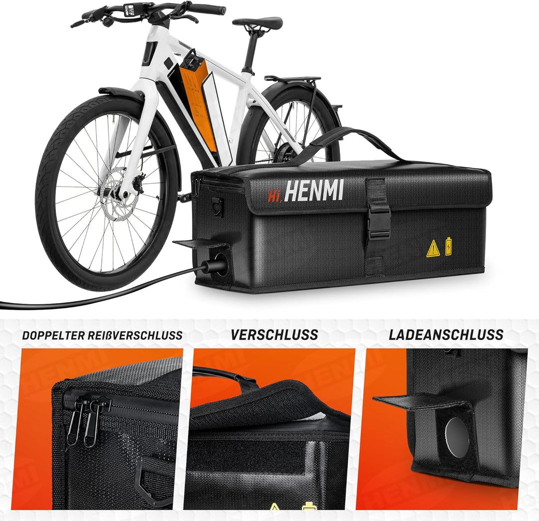 HENMI Ebike Akku Tasche, Feuerfeste akku Tasche bis 1000 °C, Akkutasche ebike Fahrrad Feuerfest Wass