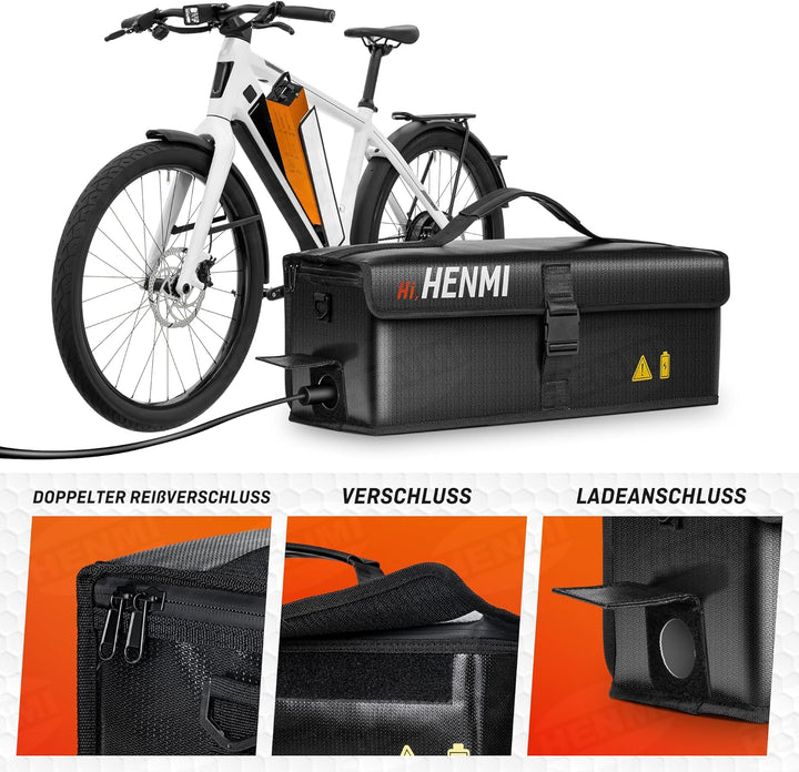 HENMI Ebike Akku Tasche, Feuerfeste akku Tasche bis 1000 °C, Akkutasche ebike Fahrrad Feuerfest Wass