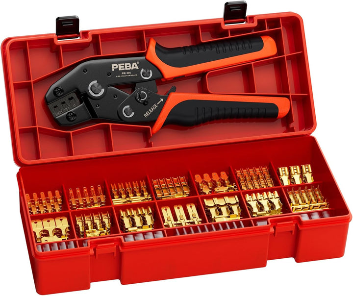 PEBA Crimpzange Flachsteckhülsen Set, mit 14 Arten Kabelschuhe Flachstecker 2,8/4,8/6,3mm, Crimpzang