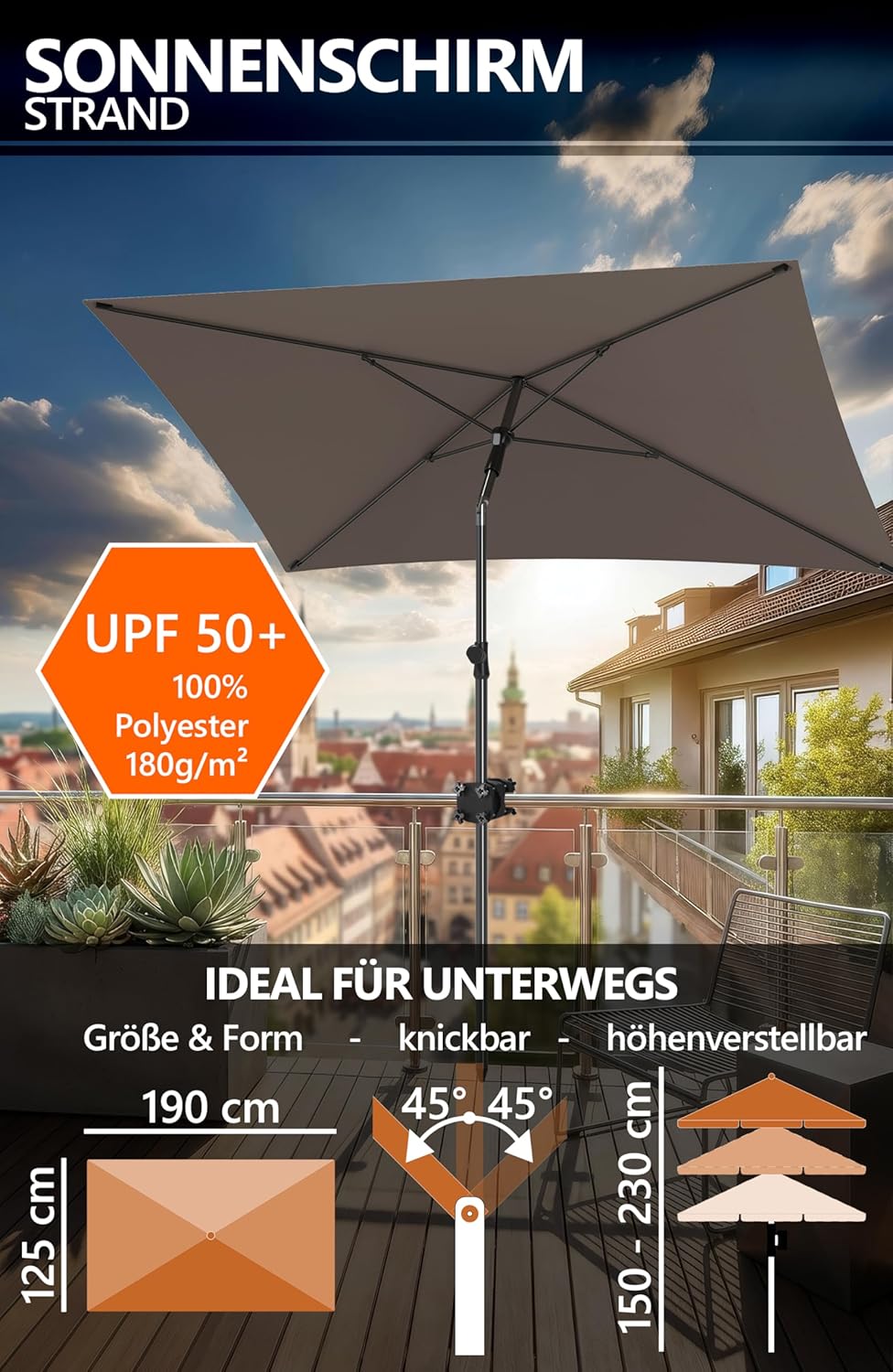 4smile Sonnenschirm Balkon SunnyShade 3-in-1 SET in Taupe - UPF 50+ Sonnenschirm rechteckig 200 x 12