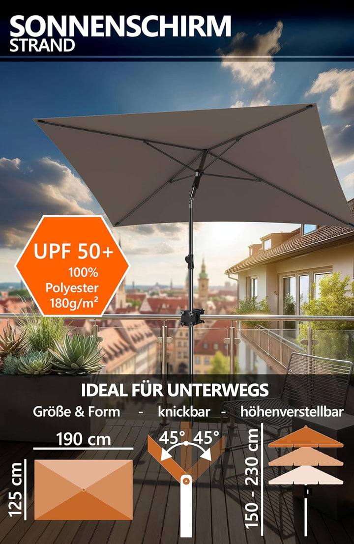 4smile Sonnenschirm Balkon SunnyShade 3-in-1 SET in Taupe - UPF 50+ Sonnenschirm rechteckig 200 x 12
