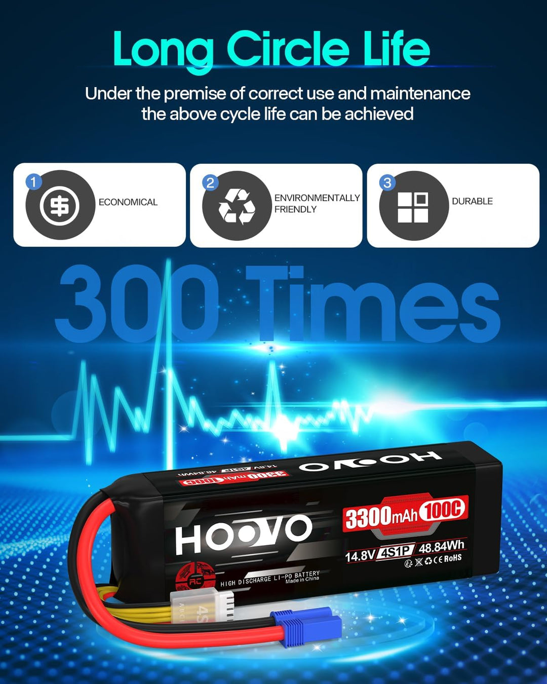HOOVO 4S Lipo Akku 14,8V 3300mAh 100C RC Battery Softcase mit EC5 Stecker für RC Car Buggy Hubschrau