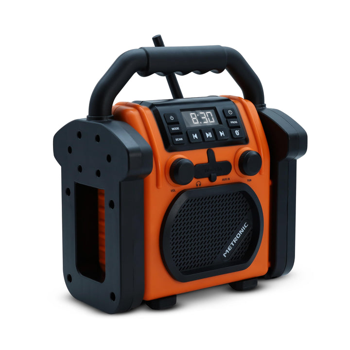 METRONIC 477227 Baustellenradio FM Bluetooth mit wiederaufladbarem Backup-Akku – robust, stossfest,