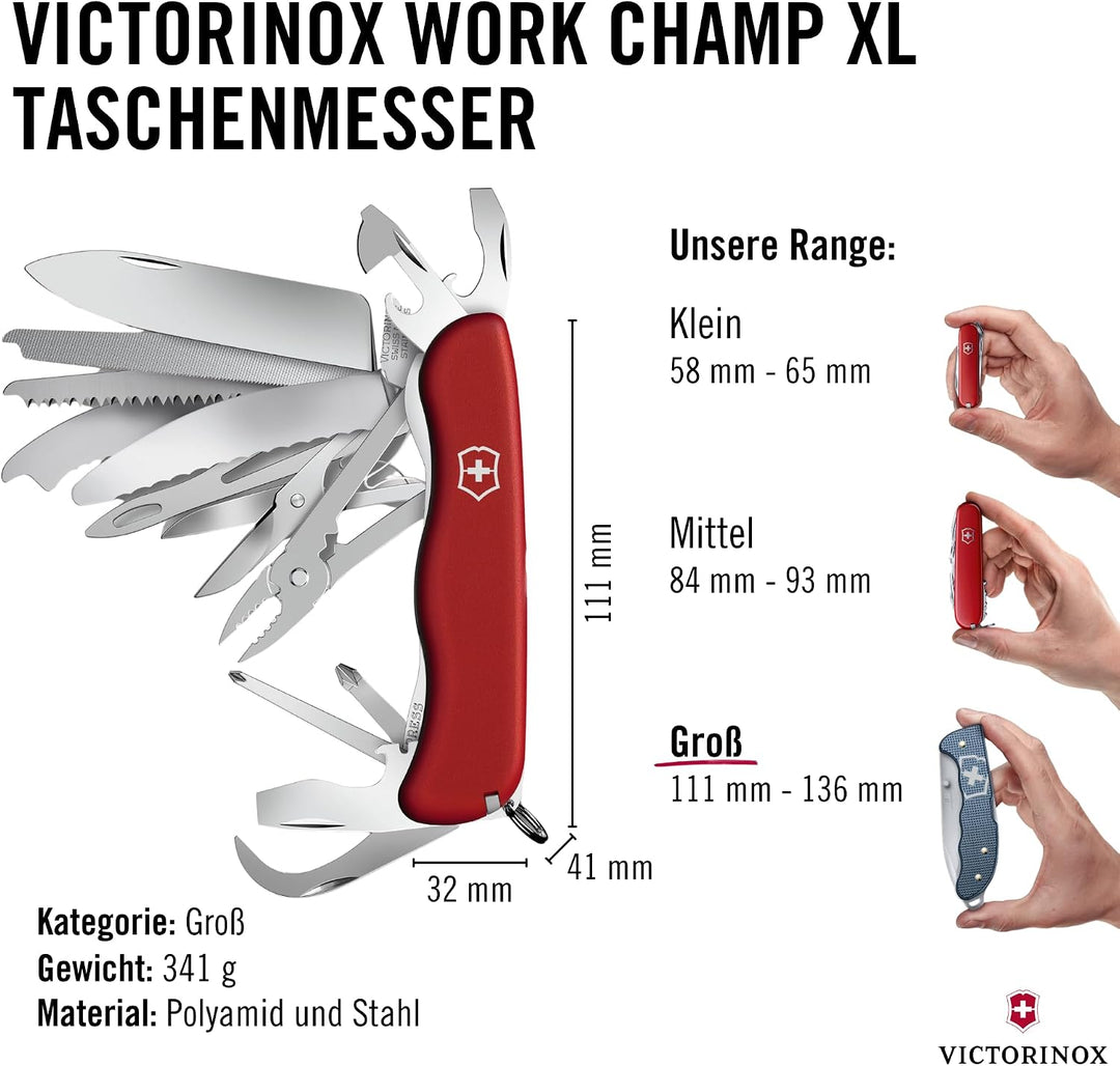 Victorinox, Schweizer Taschenmesser, Work Champ XL, Multitool, 31 Funktionen, Klinge, gross, Korkenz
