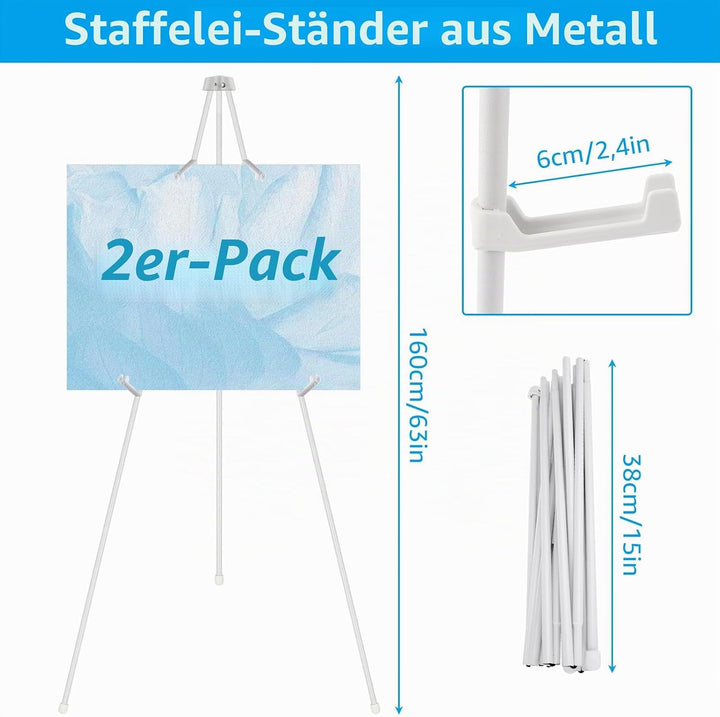 2er-Set Staffelei Stand, 160 cm Höhe Metall Poster Staffelei, Verstellbares Stativ Tisch Kunst Leinw