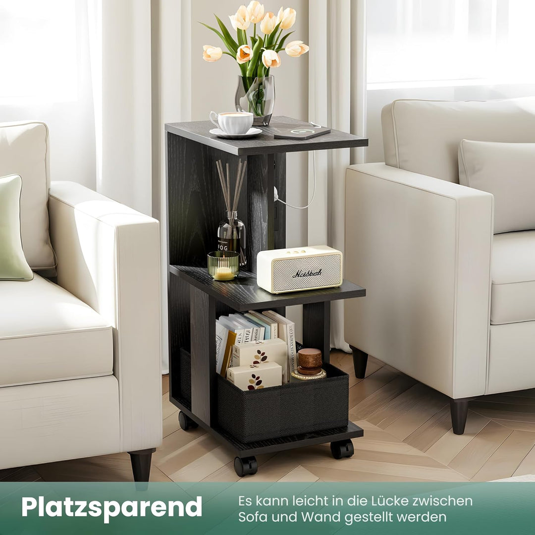 Pamapic Beistelltisch, Nachttisch mit Steckdose, Beistelltisch Schmal, 3 Ablagen C-Form Sofatisch,Co
