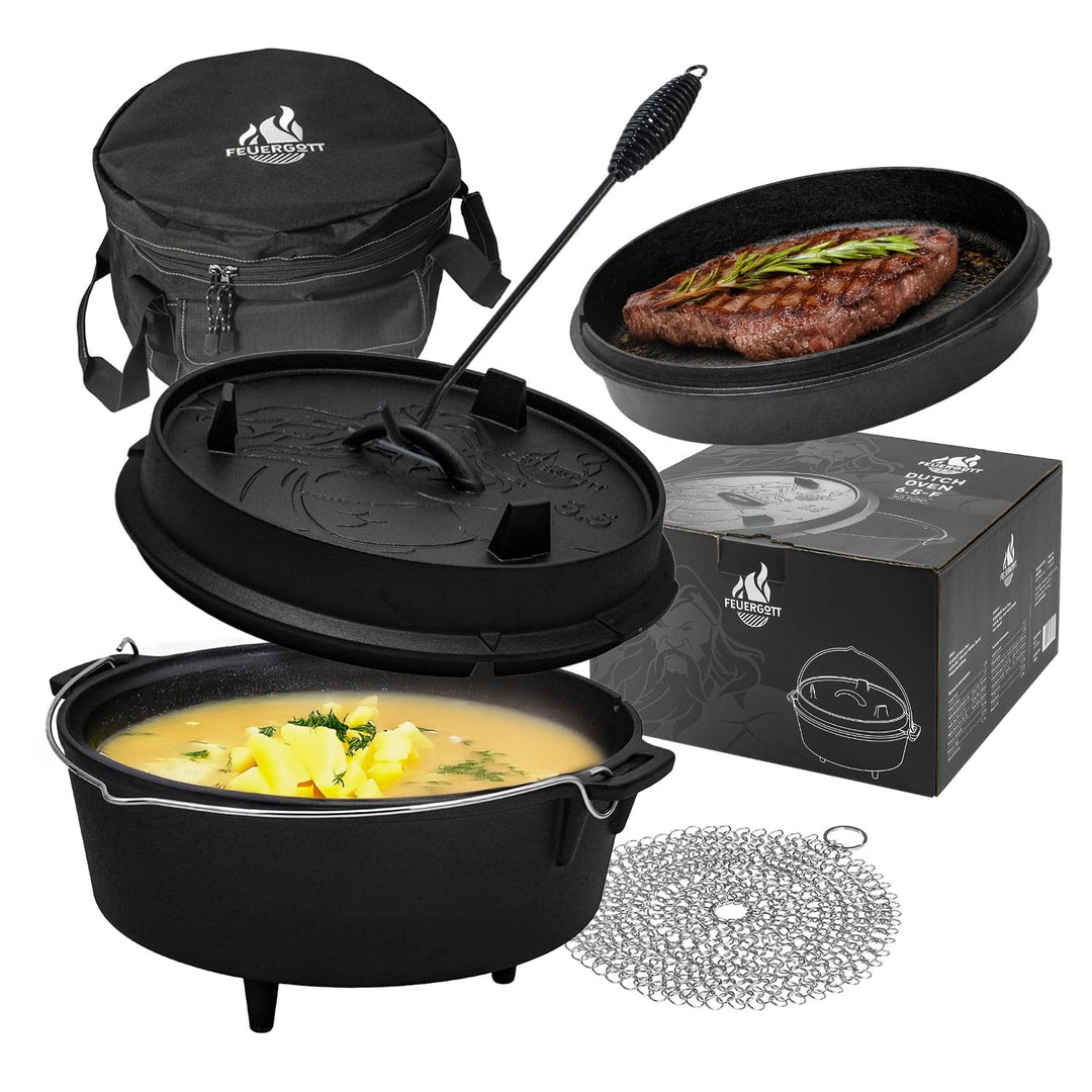 Dutch Oven Set 6,5 l Gusseisen Feuertopf mit Füssen Schwarz mit Deckelheber Ringreiniger Transportta